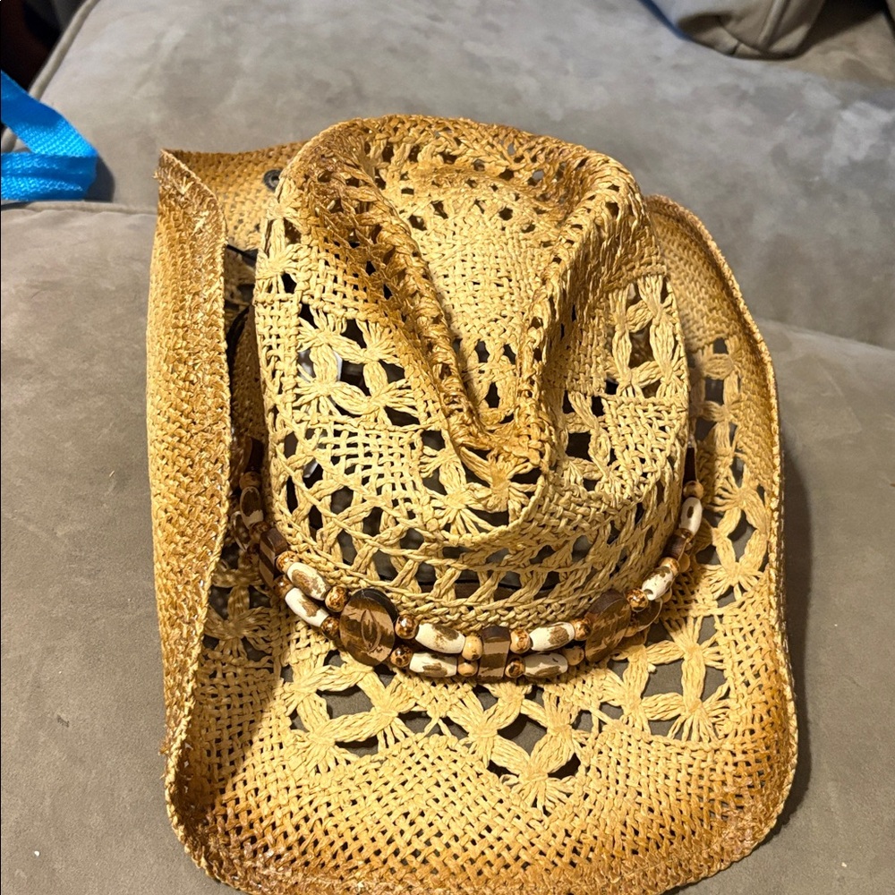Straw Crochet Cowboy Hat with Bead Band - Natural - Picture 4 of 7